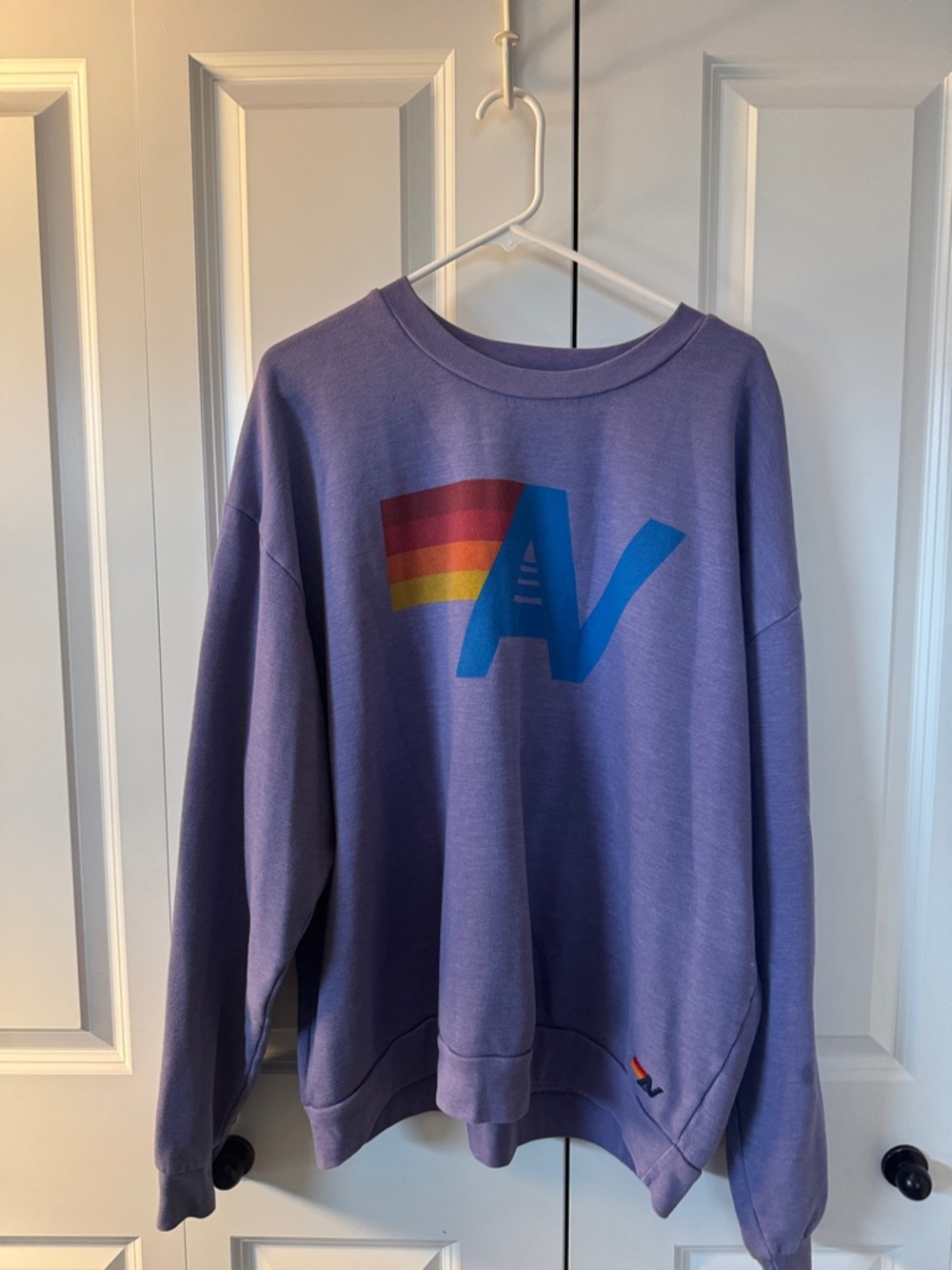 Aviator Nation Purple Crewneck Sweatshirt with Rainbow AV Graphic